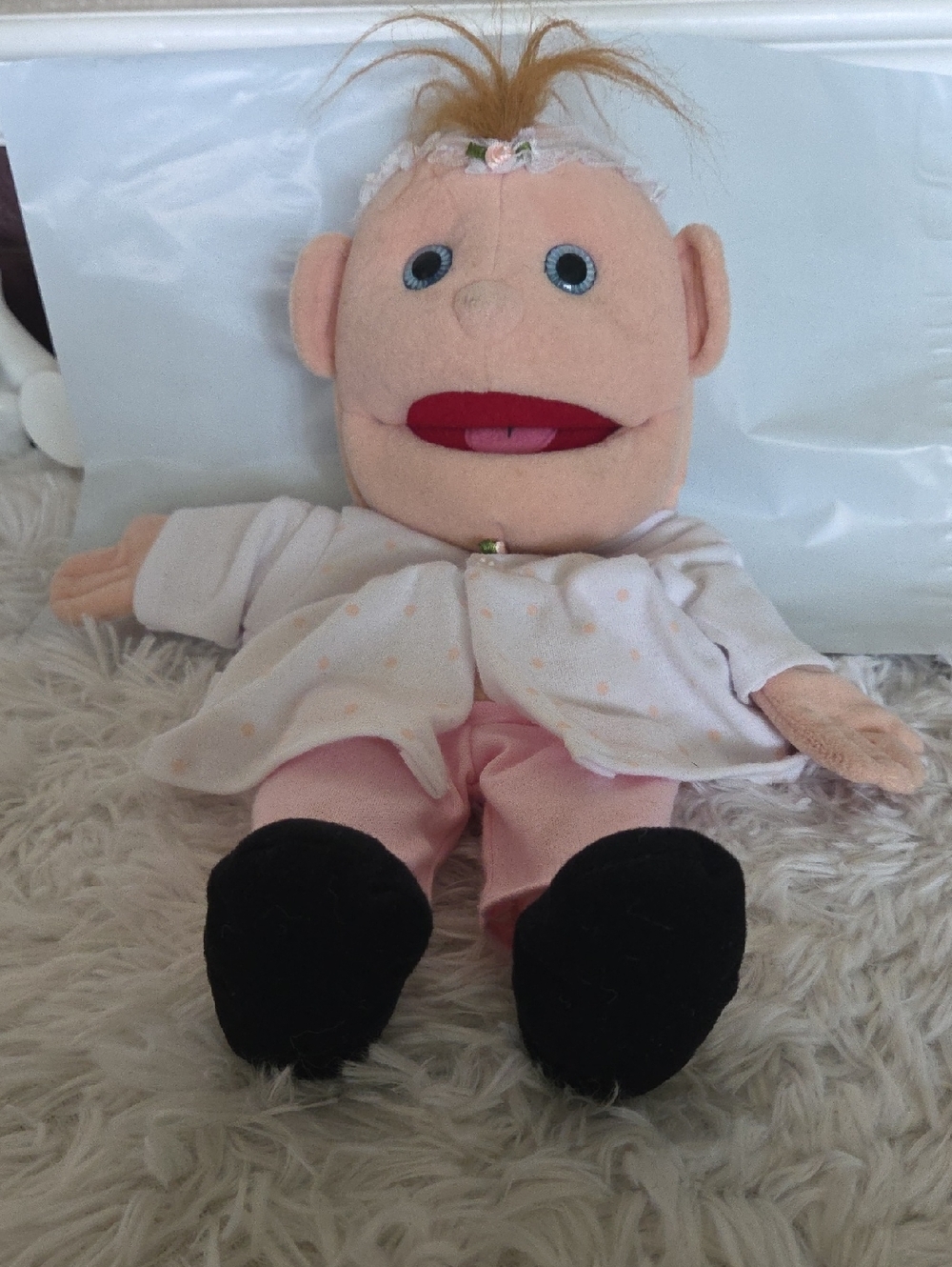 Baby Plush Hand Puppet Doll in Pink Outfit